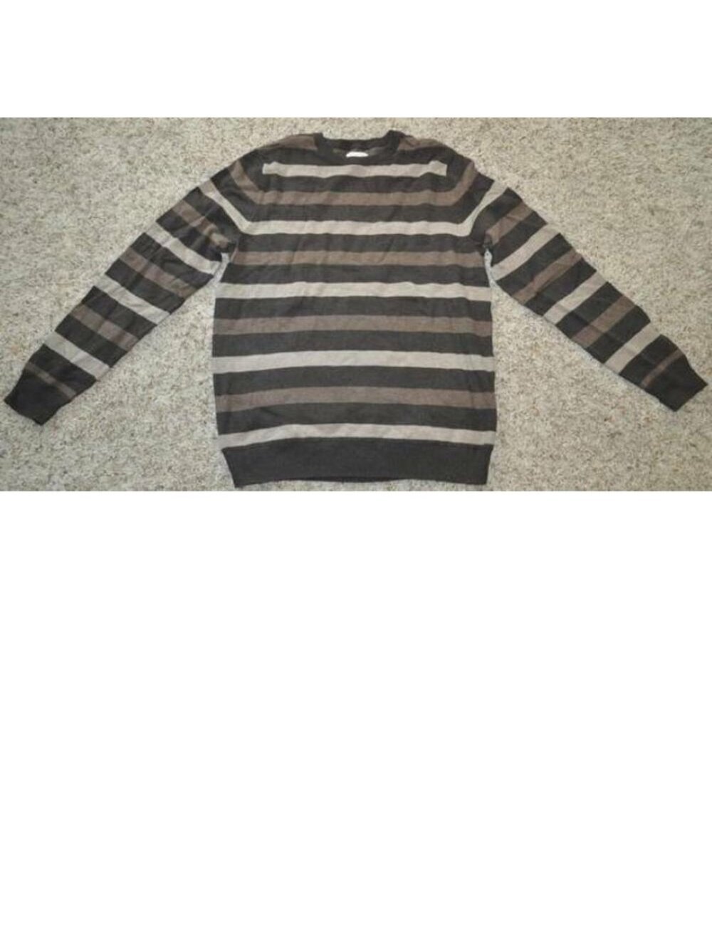 Mens Sweater Brown Stripe Large Long Sleeve Crew Neck Cotton Winter Sonoma